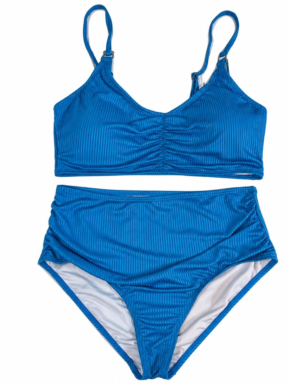 Women’s Two Piece Swimsuit Size L Blue Ribbed Ruched High Waist Bikini NWOT